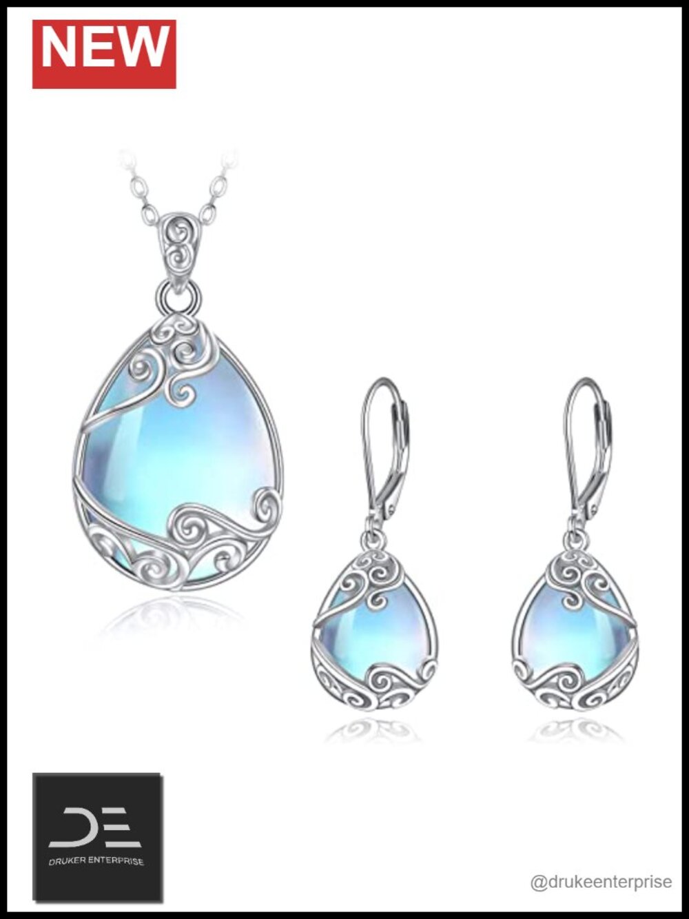 Vintage Moonstone Filigree Teardrop Necklace Earrings Set